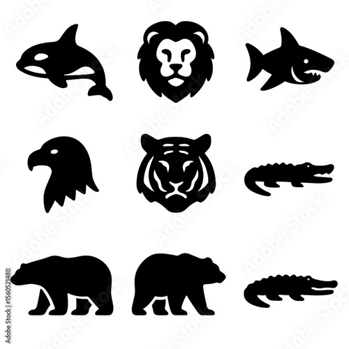 Apex Predators Icons. Solid, filled icon set of apex predators: killer whale, lion, great white shark, bald eagle, tiger,