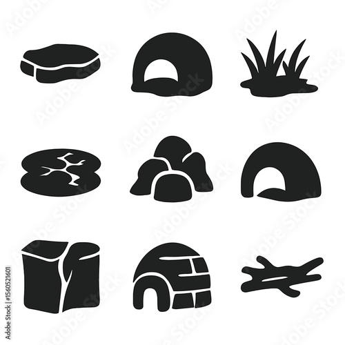 Arctic Habitat Icons. Solid, filled icon set of arctic animal habitats: ice floe, snow cave, tundra grass, frozen lake, rocky