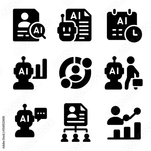 AI HR Icon Set. Solid, filled icon set of AI in HR operations: AI candidate screening, resume parser, smart interview scheduler,