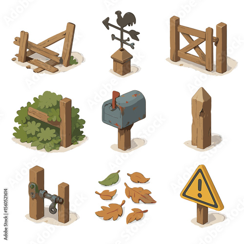 Abandoned Property Icons. Isometric Flat icon set of Abandoned Property Boundary: collapsed fence, weather vane, broken gate,