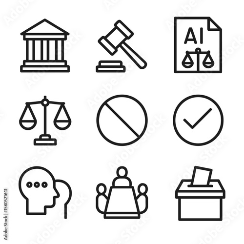 AI Regulation Icons. Outline icon set of AI art regulation and policy: government building, law gavel, policy document, regulatory