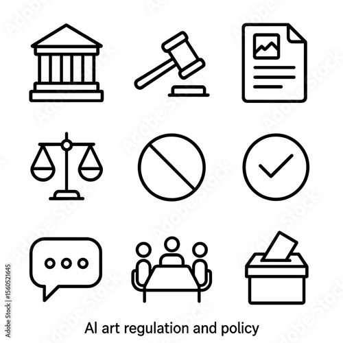 AI Regulation Icons. Outline icon set of AI art regulation and policy: government building, law gavel, policy document, regulatory