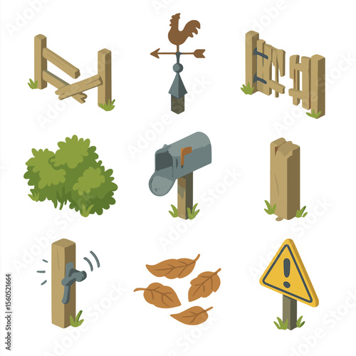 Abandoned Property Icons. Isometric Flat icon set of Abandoned Property Boundary: collapsed fence, weather vane, broken gate,