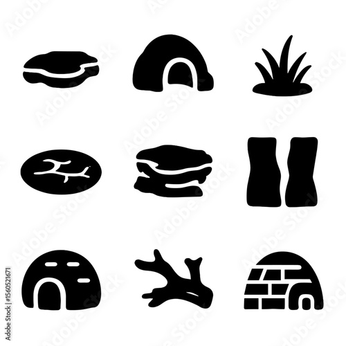 Arctic Habitat Icons. Solid, filled icon set of arctic animal habitats: ice floe, snow cave, tundra grass, frozen lake, rocky