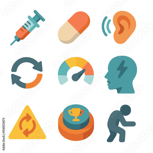 Addiction Icon Set. Isometric Flat icon set of Addiction and Compulsive Reward Seeking: drug syringe icon, addictive substance