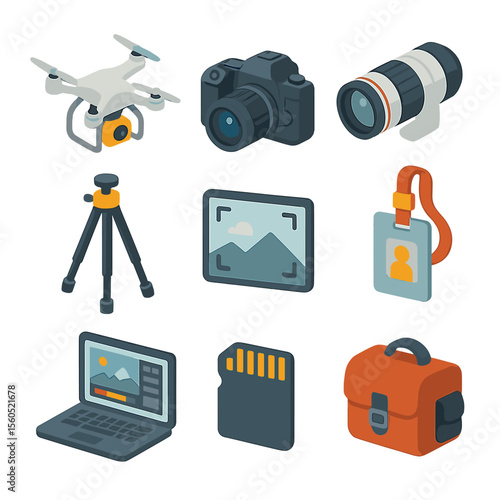 Aerial Photography Gear Set. Isometric Flat icon set of airshow aerial photography gear: camera drone, DSLR camera, telephoto lens