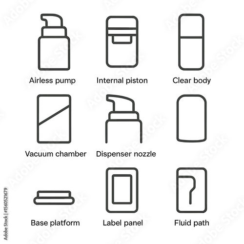 Airless Pump Bottle Icons. Outline icon set of Airless Pump Bottles: airless pump head, internal piston, clear body, vacuum