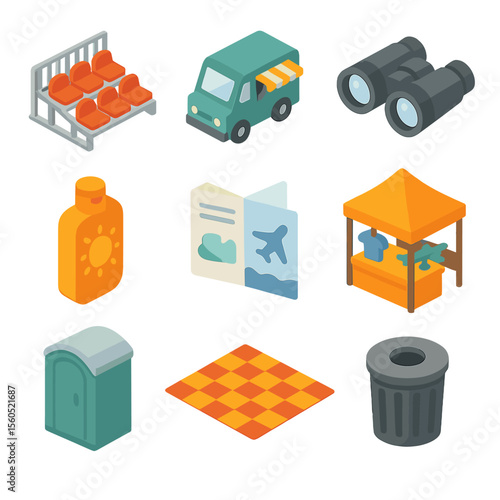 Airshow Spectator Icons. Isometric Flat icon set of airshow spectator amenities: grandstand seating, food truck, binoculars,
