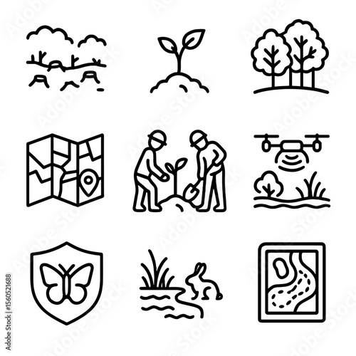 Afforestation and Reforestation Icons. Outline icon set of Afforestation vs Reforestation Projects: cleared land icon, new sapling