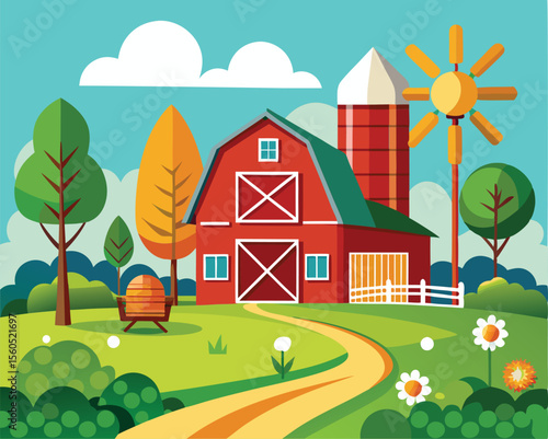 Picturesque Farm Scene. Red Barn. Windmill. and Lush Greenery