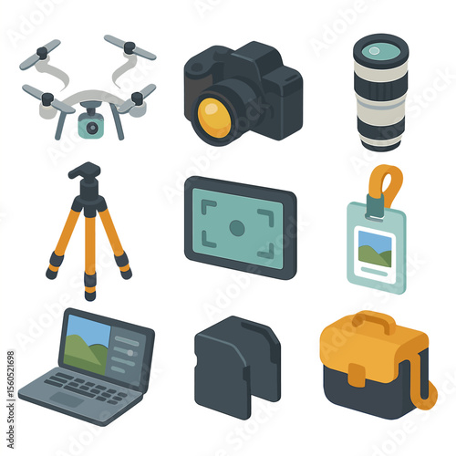 Aerial Photography Gear Set. Isometric Flat icon set of airshow aerial photography gear: camera drone, DSLR camera, telephoto lens