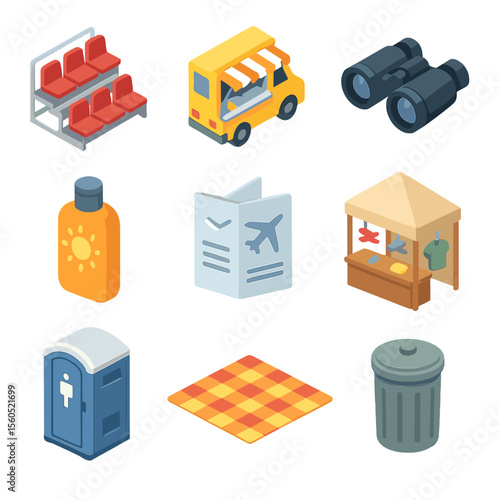 Airshow Spectator Icons. Isometric Flat icon set of airshow spectator amenities: grandstand seating, food truck, binoculars,