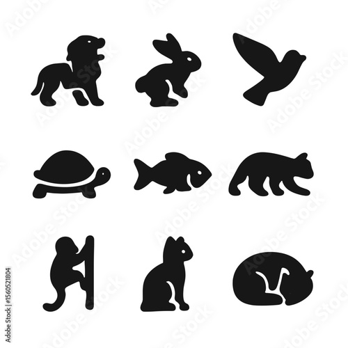 Animal Behavior Icons. Solid, filled icon set of animal behavior poses: roaring, hopping, flying, crawling, swimming, prowling,