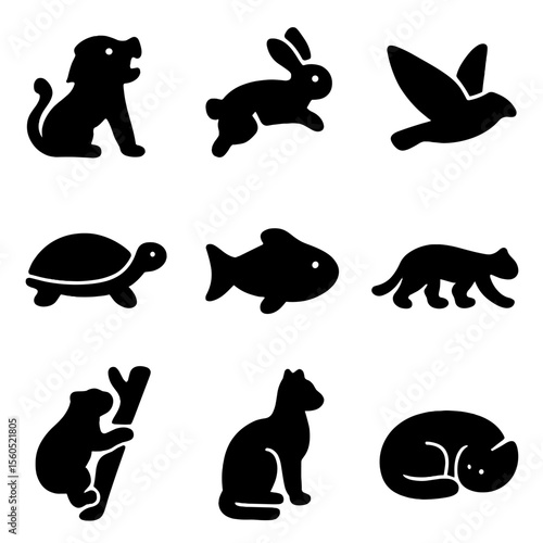 Animal Behavior Icons. Solid, filled icon set of animal behavior poses: roaring, hopping, flying, crawling, swimming, prowling,
