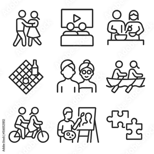 Anniversary Activity Icons. Outline icon set of anniversary couple activities: dancing couple, movie night, cooking together,