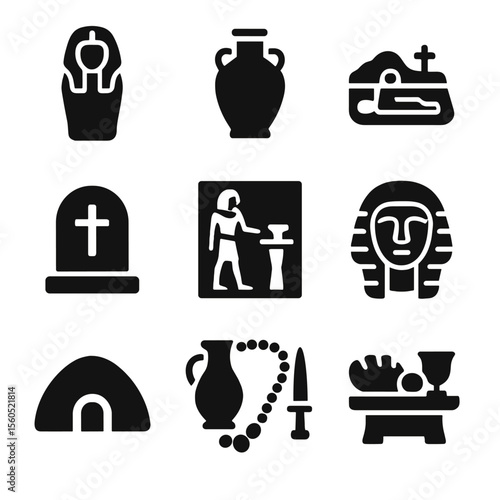 Ancient Burial Icons. Solid, filled icon set of ancient burial practices: sarcophagus, urn, burial site, stone grave marker, tomb