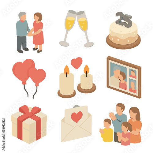 Anniversary Celebration Icons. Isometric Flat icon set of Anniversary Celebration Bliss: couple holding hands, raising champagne
