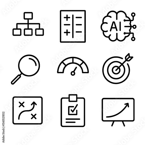 AI Decision Icons. Outline icon set of AI-powered Decision Making: decision tree, pros and cons list, AI brain, magnifying glass,
