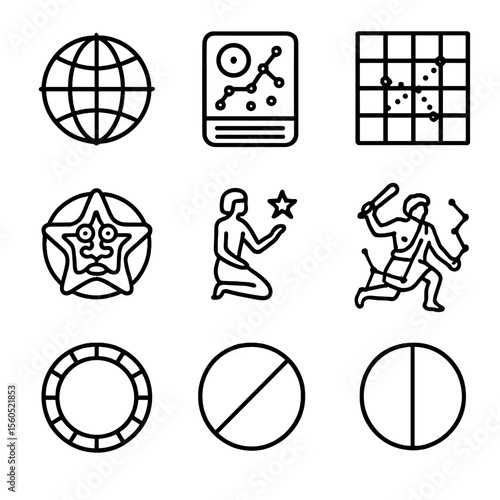 Ancient Astronomy Icons. Outline icon set of Ancient Astronomy Charts: Ptolemy’s celestial sphere, Babylonian star tablet, Chinese