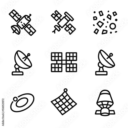 Ancient Orbital Relics. Outline icon set of ancient orbital relics: derelict satellite, space station ruins, debris field, antenna