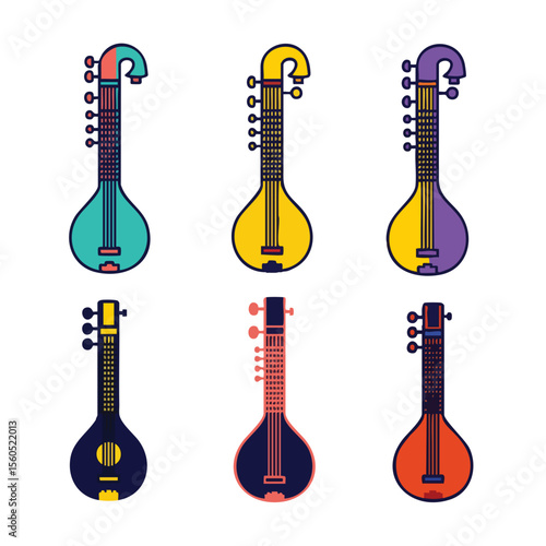 Colorful Flat Style Musical Instrument Veena Collection of Indian Culture