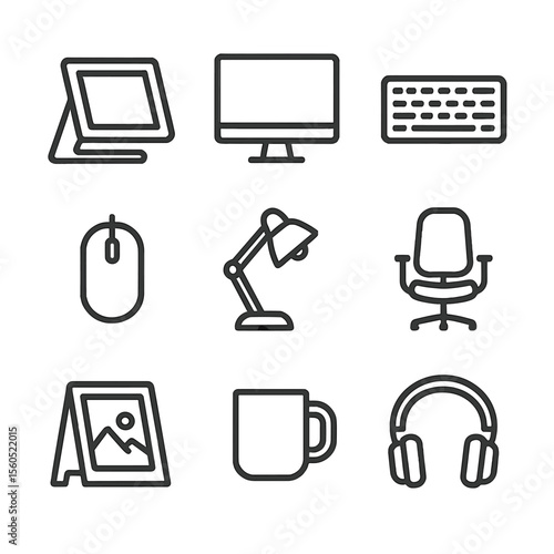 Art Workstation Icons. Outline icon set of art workstation setup: tablet stand, monitor, keyboard, mouse, desk lamp, ergonomic