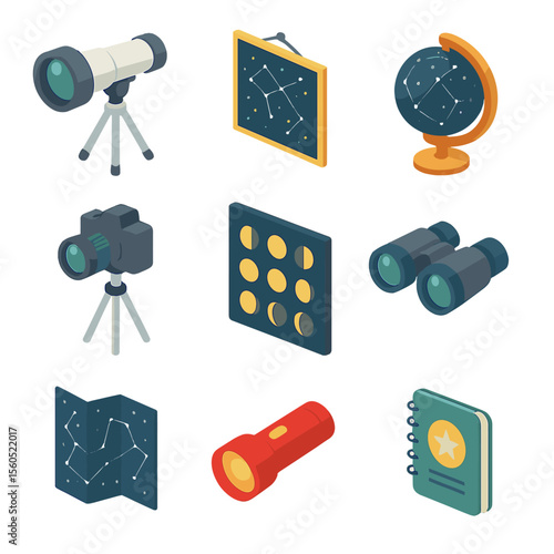 Astronomy Gear Icons. Isometric Flat icon set of astronomy observation gear: telescope, star chart, planetarium globe, camera on