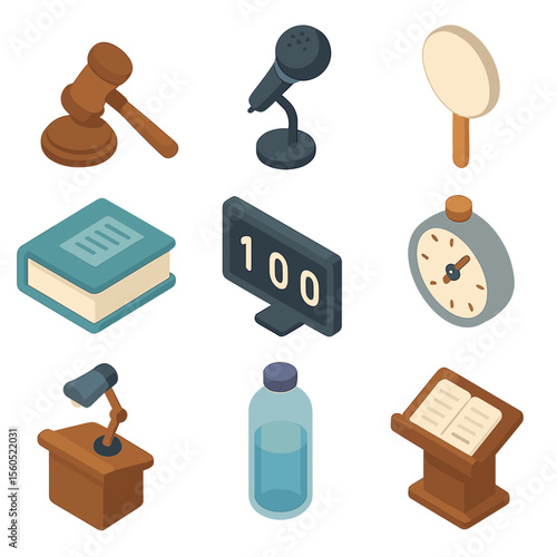 Auctioneer Tools Icons. Isometric Flat icon set of auctioneer tools and accessories: gavel, microphone, bid paddle, legal contract