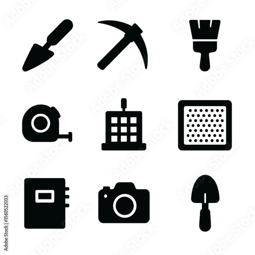 Archaeological Tool Icons. Solid, filled icon set of archaeological tools and equipment: trowel, pickaxe, brush, measuring tape,