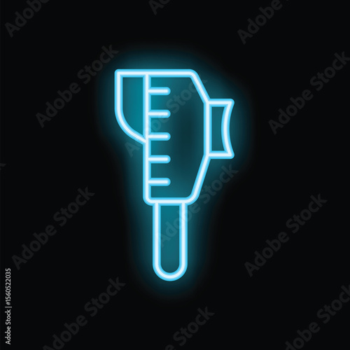 Blue neon icon of vernier caliper glowing on dark background, representing concept of measurement and precision