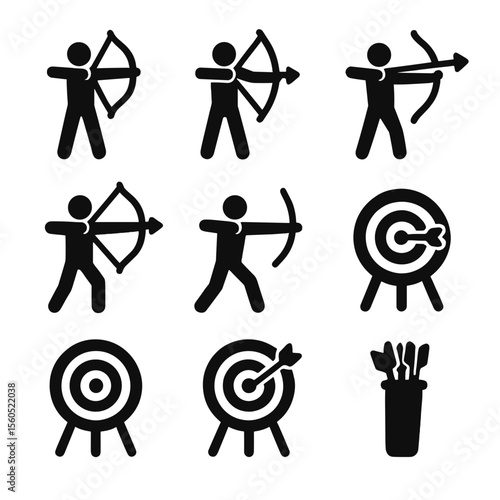 Archery Icon Set. Solid, filled icon set of bow and arrow poses: archer stance, arrow nocking, draw back, aim, release, follow