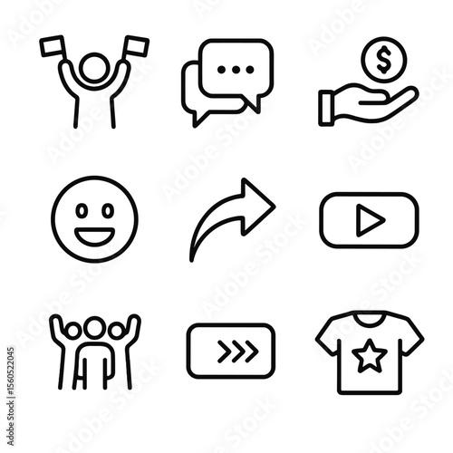 Audience Engagement Icons. Outline icon set of audience engagement: spectator cheering, live chat, donation icon, emote icon,