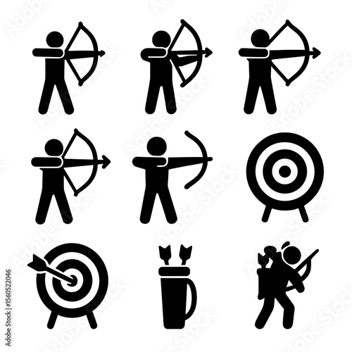 Archery Icon Set. Solid, filled icon set of bow and arrow poses: archer stance, arrow nocking, draw back, aim, release, follow