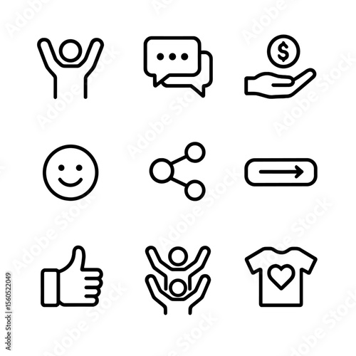 Audience Engagement Icons. Outline icon set of audience engagement: spectator cheering, live chat, donation icon, emote icon,