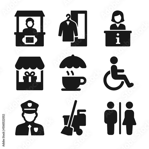 Art Gallery Icons. Solid, filled icon set of art gallery services: ticket booth, coat check, information kiosk, gift shop, café,