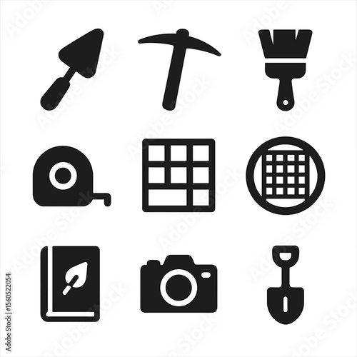 Archaeological Tool Icons. Solid, filled icon set of archaeological tools and equipment: trowel, pickaxe, brush, measuring tape,