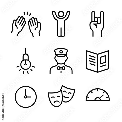 Audience Interaction Icons. Outline icon set of audience interaction symbols: applause hands, standing ovation, encore hand signal