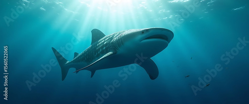Wallpaper Mural Majestic Giant Shark Underwater Glimpse Captivating Sunlight with an Enormous Presence in the depths Torontodigital.ca