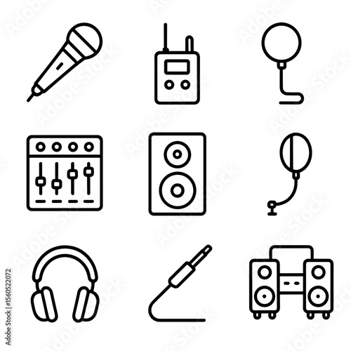 Audio Equipment Icons. Outline icon set of microphone and audio equipment: handheld microphone, wireless mic pack, mic stand,
