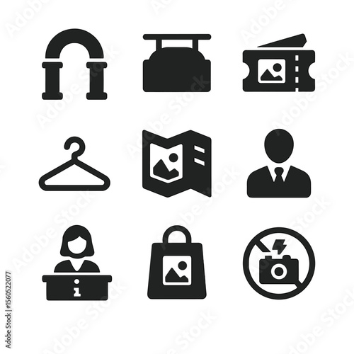 Art Museum Icons. Solid, filled icon set of art museum experience: entrance arch, welcome sign, exhibition ticket, coat check,