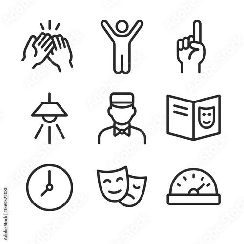 Audience Interaction Icons. Outline icon set of audience interaction symbols: applause hands, standing ovation, encore hand signal
