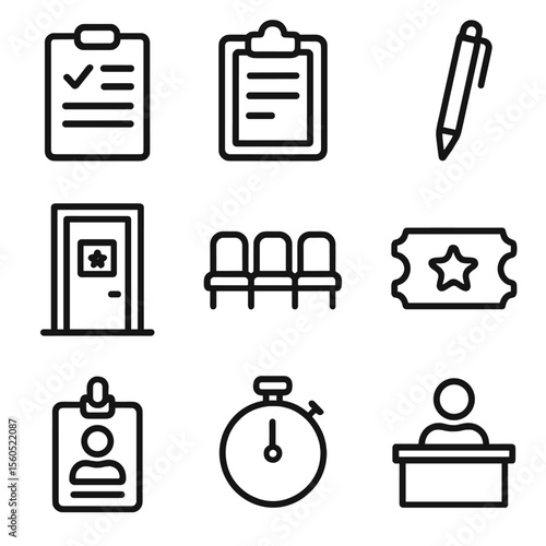 Audition Icon Set. Outline icon set of audition and registration: sign-up sheet, clipboard, pen, audition room door, waiting