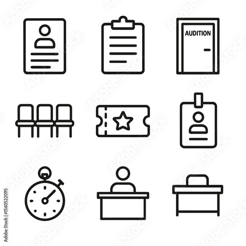 Audition Icon Set. Outline icon set of audition and registration: sign-up sheet, clipboard, pen, audition room door, waiting
