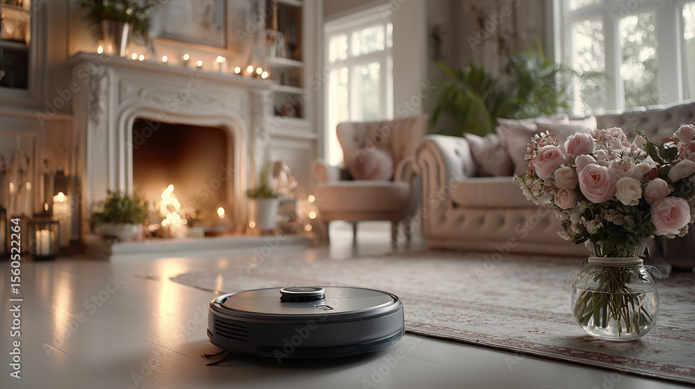 Fototapeta premium A robot cleaner on the carpet , in the romance room.