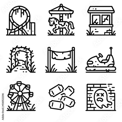 Abandoned Amusement Park Icons. Outline icon set of abandoned amusement parks: rusted roller coaster, broken carousel horse,