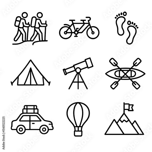 Adventurous Couple Getaways Icons. Outline icon set of adventurous couple getaways: hiking duo on trail, tandem bicycle, beach