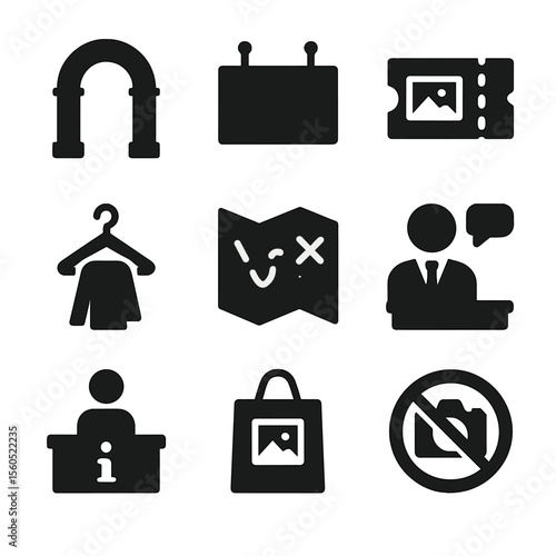 Art Museum Icons. Solid, filled icon set of art museum experience: entrance arch, welcome sign, exhibition ticket, coat check,