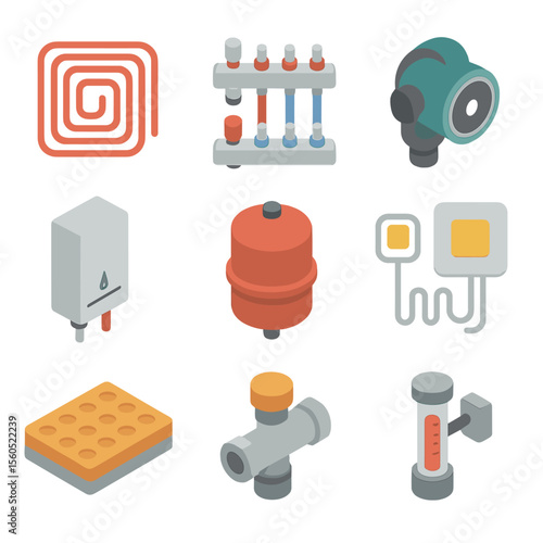 Basement Heating Icons. Isometric Flat icon set of basement radiant floor heating system: PEX tubing loop, distribution manifold,