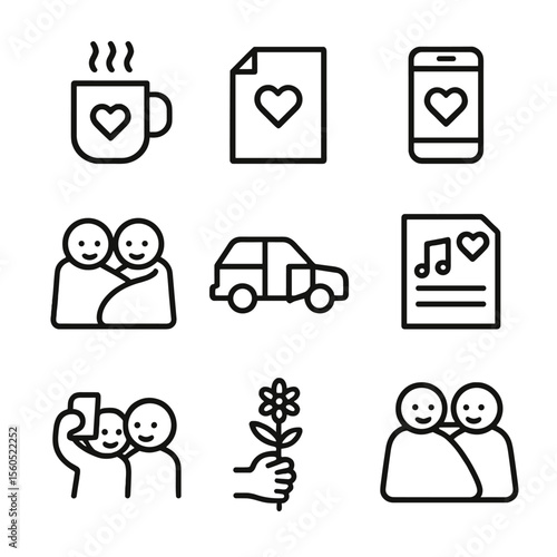 Affectionate Gesture Icons. Outline icon set of daily affectionate gestures: morning coffee mug, lunchtime love note, evening