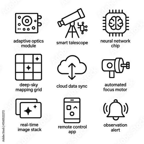 AI Telescope Icons. Outline icon set of AI-powered telescope technology: adaptive optics module, smart telescope, neural network